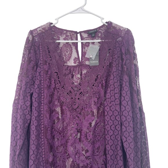 Torrid Womens Sze 2X Lace Mix Long Sleeve Top Blouse Burgandy Sheer V Neck- NEW - Picture 12 of 14